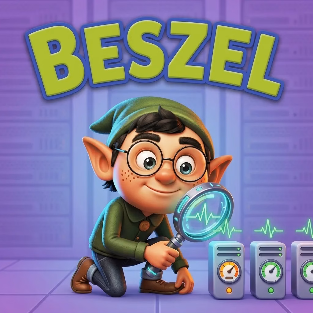 Beszel Elf watching server gauges with a magnifying glass