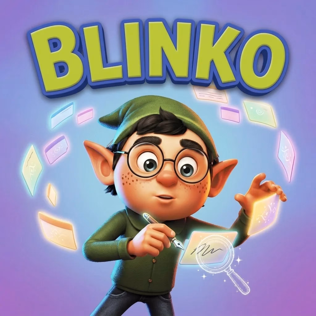 Blinko Elf catching floating note cards
