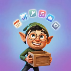 ElfHosted elf holding a wooden crate, choosing app icons