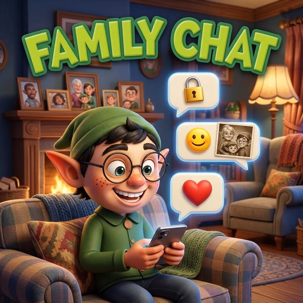 elf-matrix-family-chat An elf in a green cap smiles at his phone in a cosy living room as chat bubbles with a heart, a smiley, a family photo and a padlock float out, under the title Family Chat