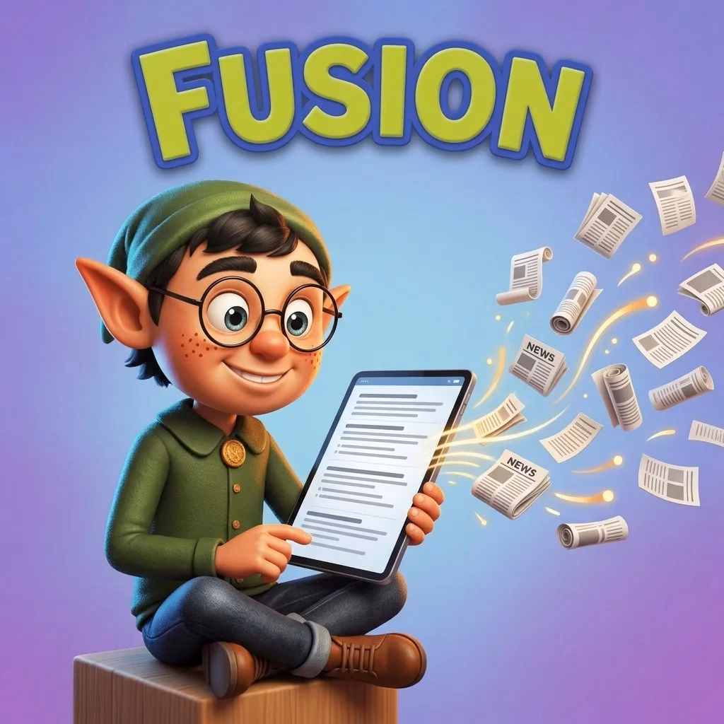 Fusion Elf reading a feed of news on a tablet