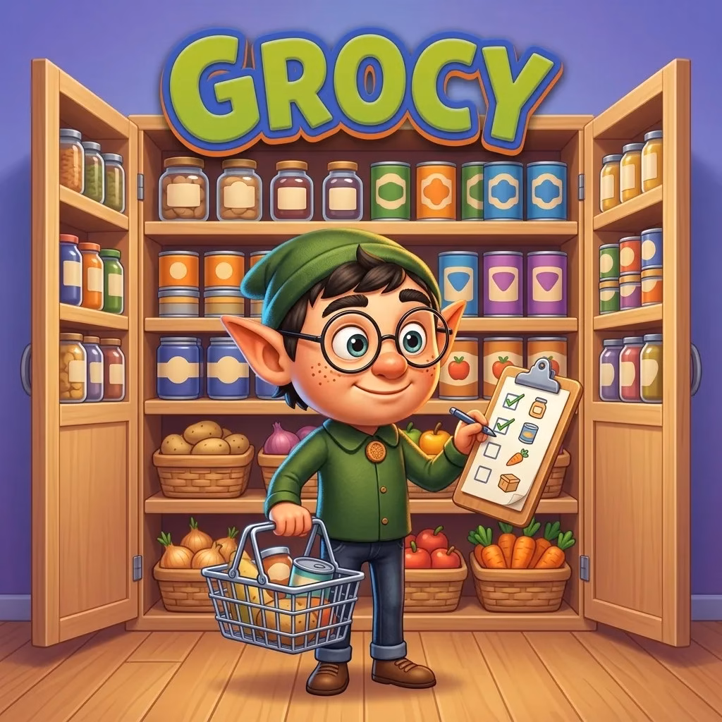 grocy Elf checking pantry stock with a shopping basket