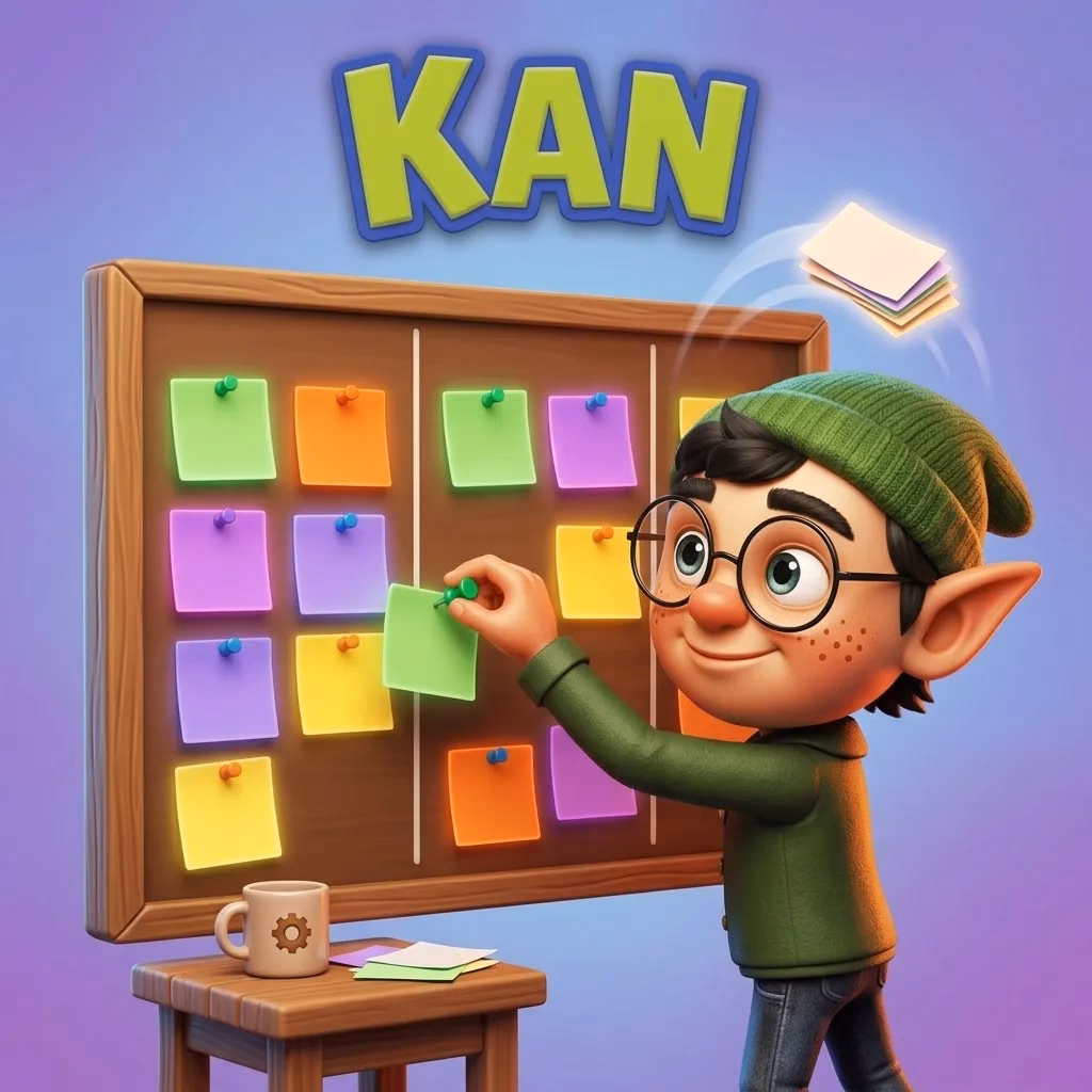 Kan Elf pinning cards to a kanban board
