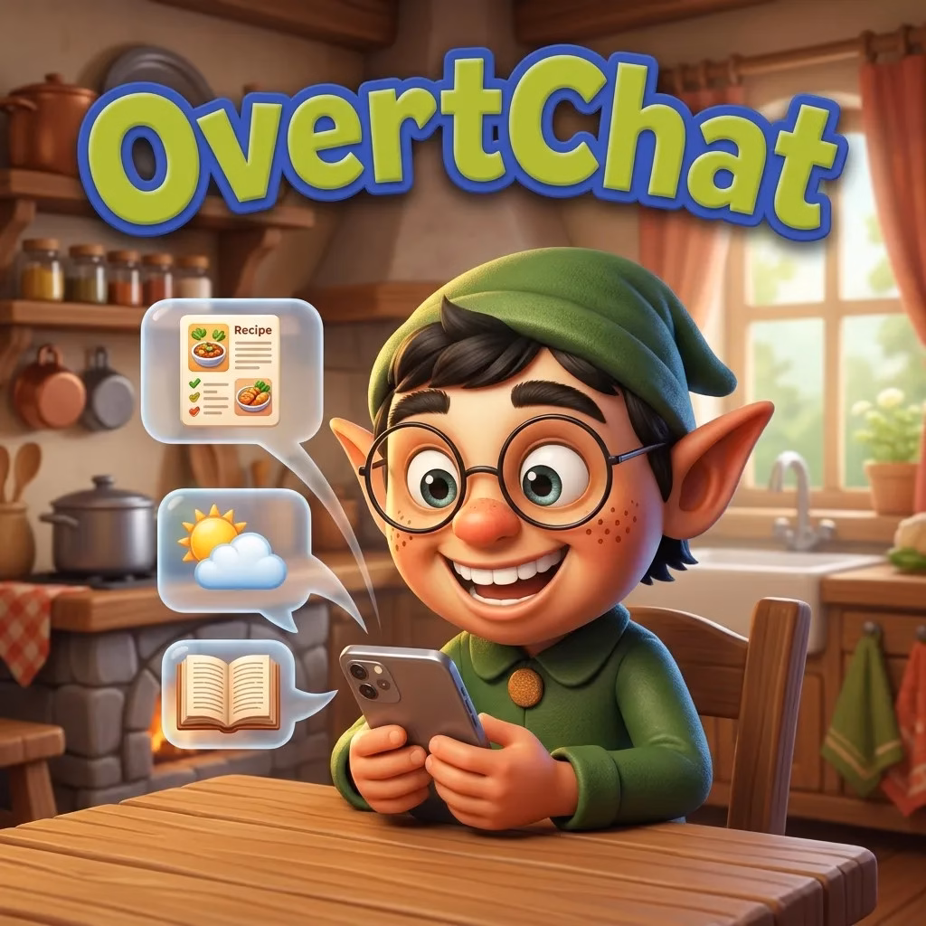 OvertChat ElfHosted elf in a cosy kitchen smiling at a phone, with chat bubbles for a recipe, the weather and a book, under the title OvertChat