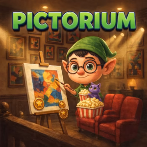An elf painting a movie poster at an easel in a cosy home cinema, with a purple cat and popcorn on a velvet seat, under the title Pictorium