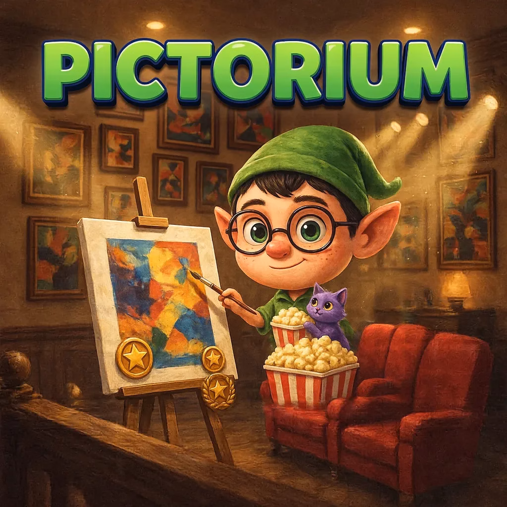 pictorium An elf painting a movie poster at an easel in a cosy home cinema, with a purple cat and popcorn on a velvet seat, under the title Pictorium