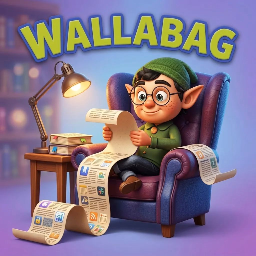 Wallabag Elf reading saved articles in an armchair