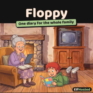 Floppy: Nana logs a book on her tablet while Milo reads a comic