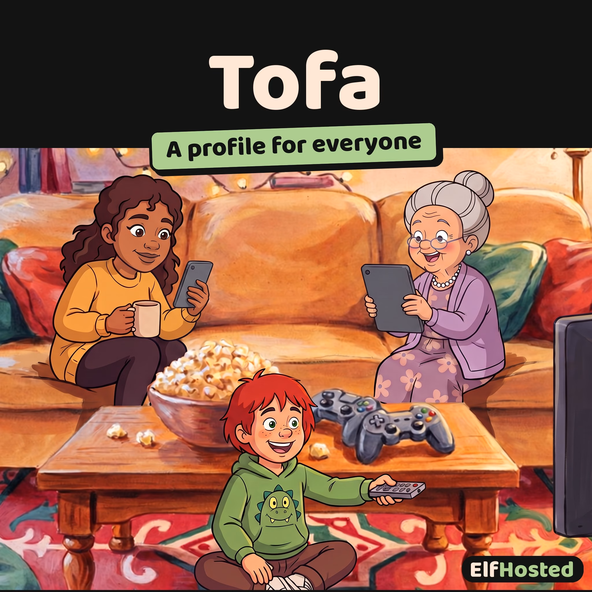 tofa Tofa: a family on the sofa, each watching their own screen